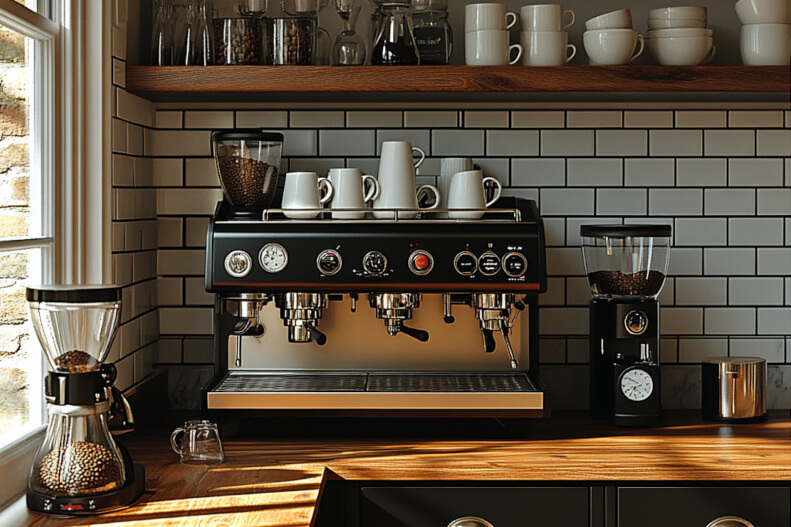 Modern kitchen coffee bar with built-in espresso machine and stylish shelves.