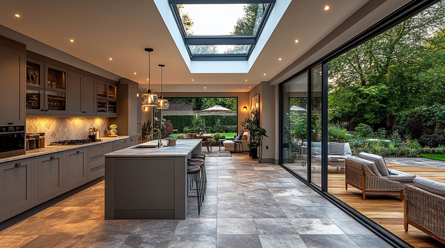 Modern kitchen with a skylight above a large island, bringing in ample natural light and blending indoor and outdoor spaces seamlessly.