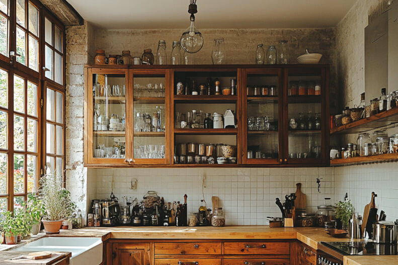 Glass-front cabinets showcasing elegant dishes and decorative pieces.