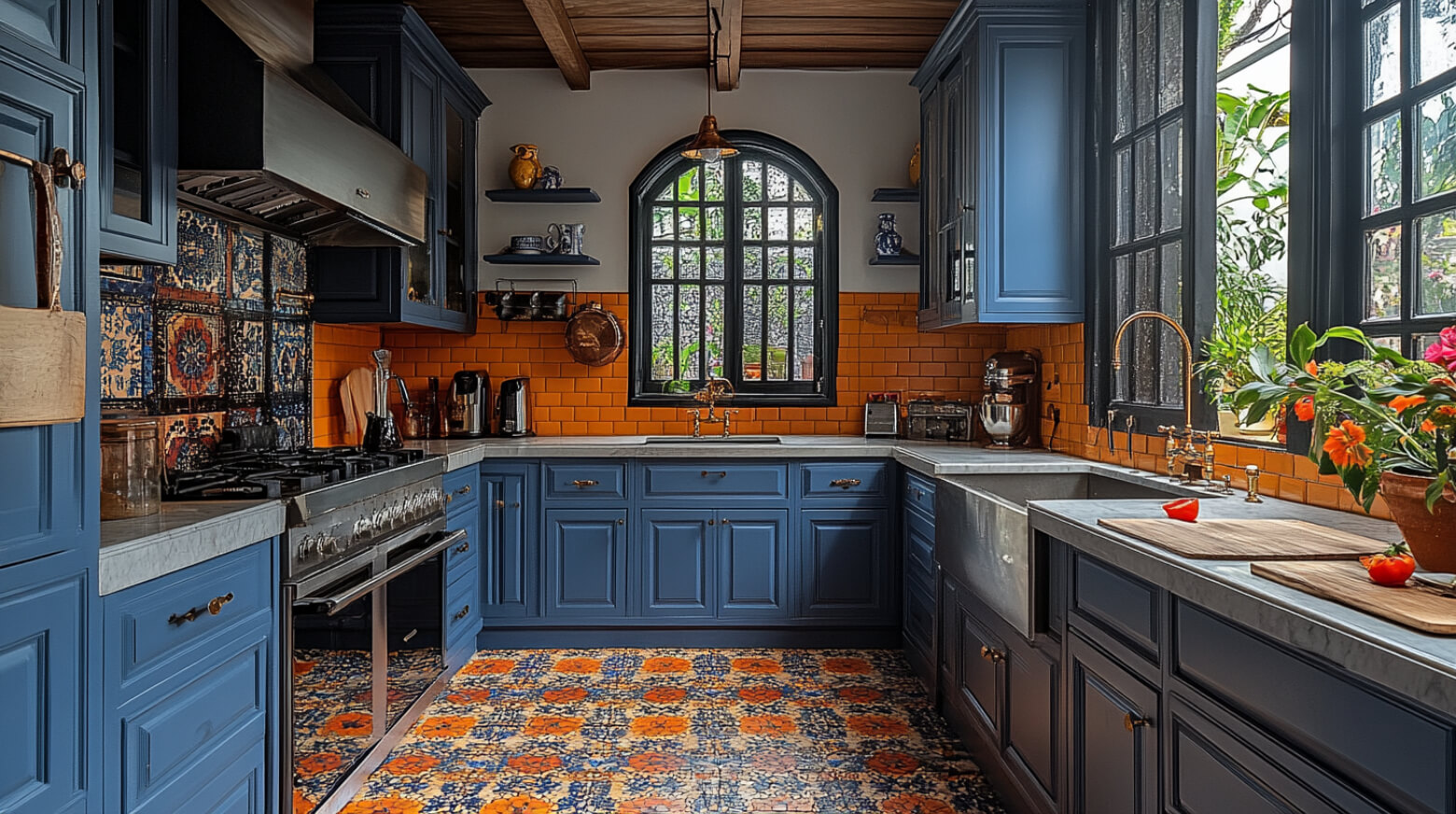 Luxurious kitchen with dramatic marble countertops and sleek cabinetry.