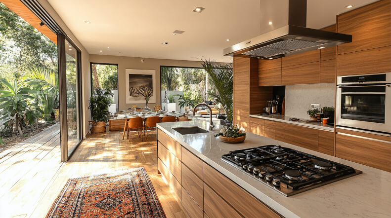 Spacious modern kitchen with wood cabinets, marble countertops, and large windows opening to a garden, featuring a central island with a built-in cooktop.