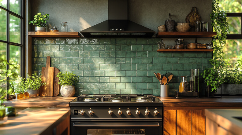 Bold patterned backsplash tiles adding personality to a modern kitchen.