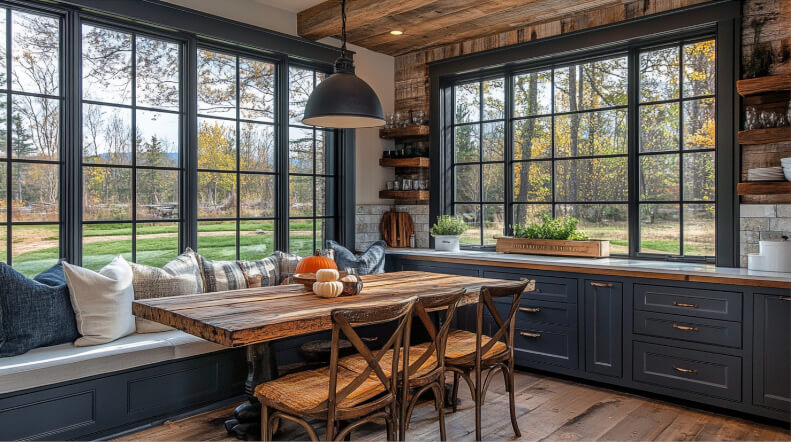 Rustic breakfast nook with wooden table, built-in seating, and large windows offering a scenic view of a wooded landscape.