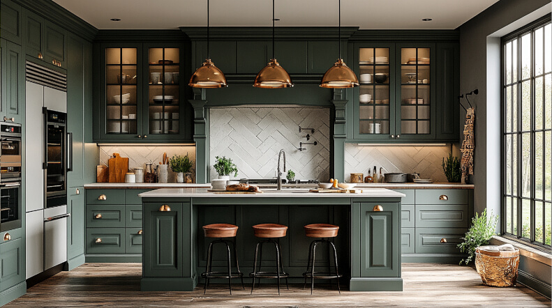 Classic kitchen with dark green cabinetry, glass-front cabinets, a large kitchen island, and pendant lighting for a cozy and sophisticated look.
