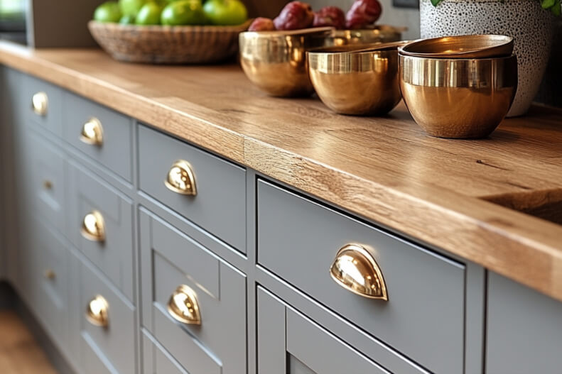 Brushed brass cabinet handles and modern hardware upgrade in a remodeled kitchen.