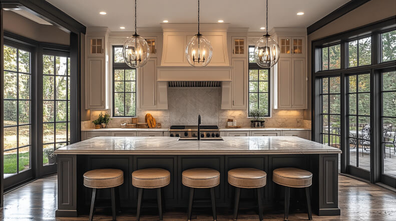 Kitchen island with built-in seating and sleek cabinetry