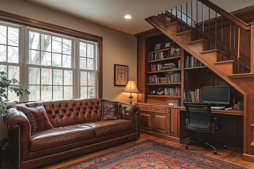 Compact home office with desk and chair tucked beneath staircase