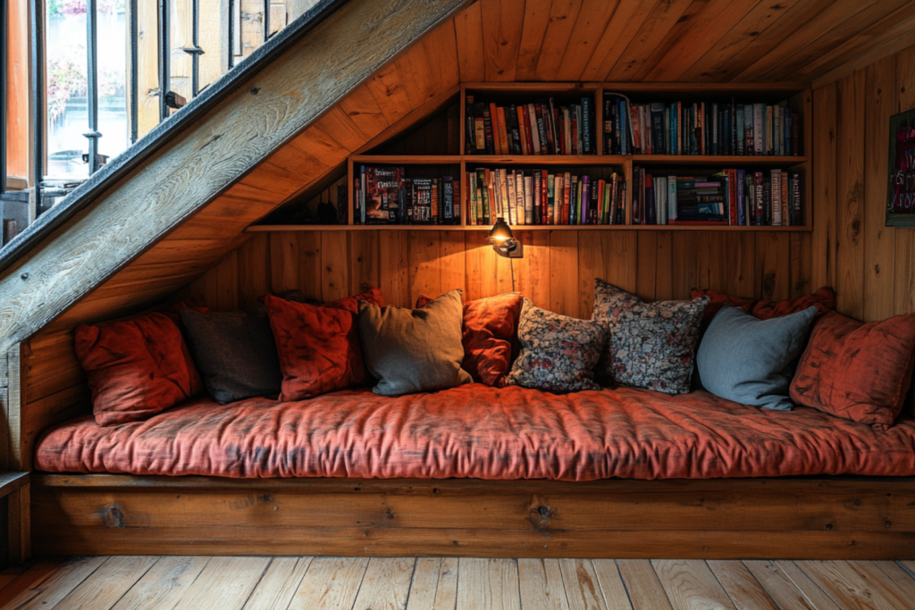 Built-in reading nook with cushions and bookshelves under staircase