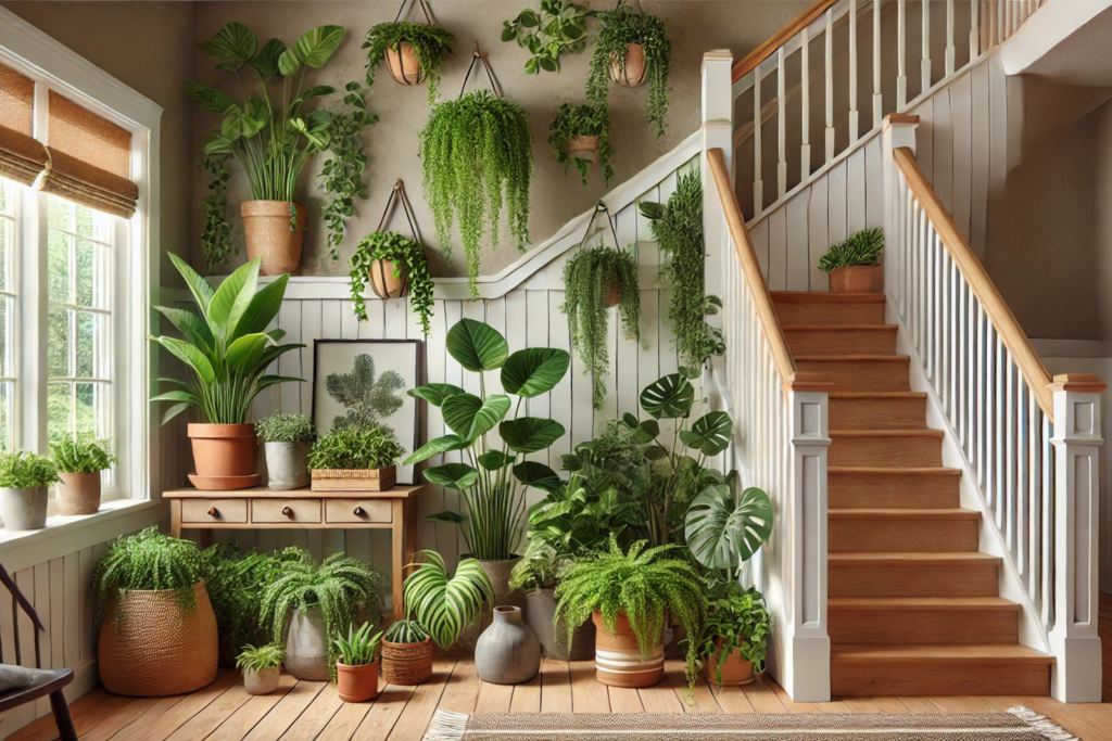 Indoor garden setup with herbs and small plants under staircase