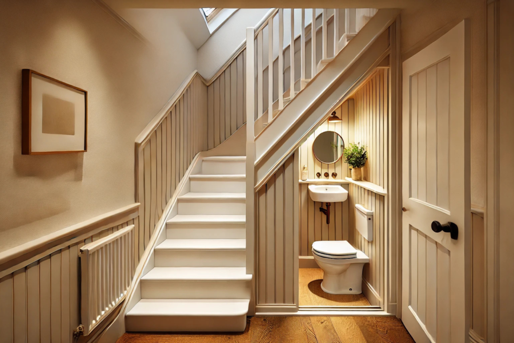 Small powder room with sink and toilet under stairwell