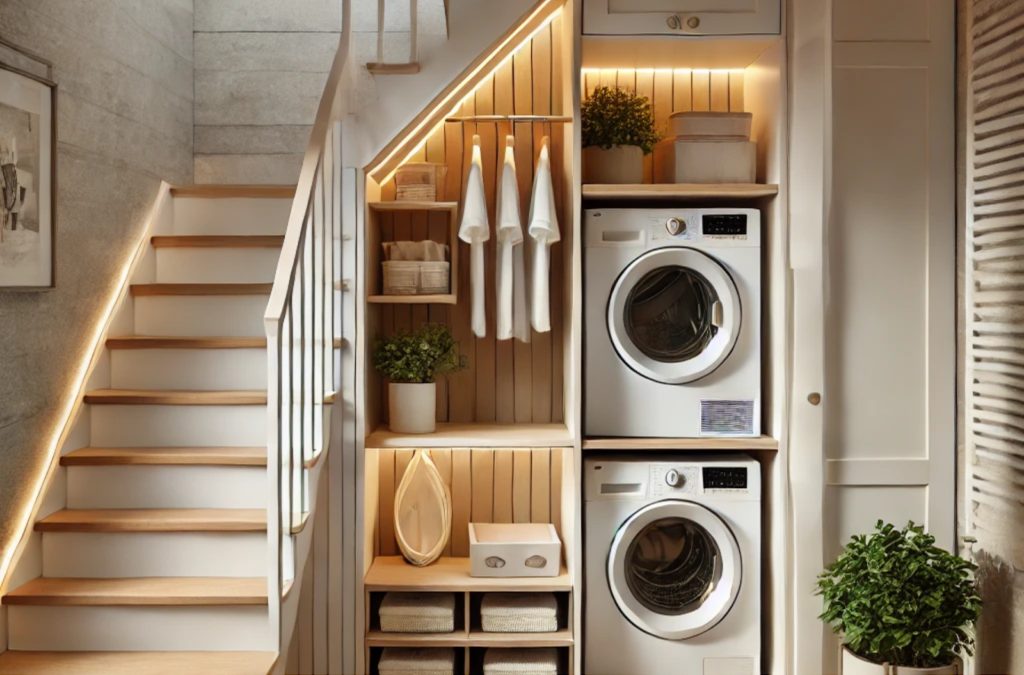 Washer and dryer tucked into under-stair area with shelf and hanging bar