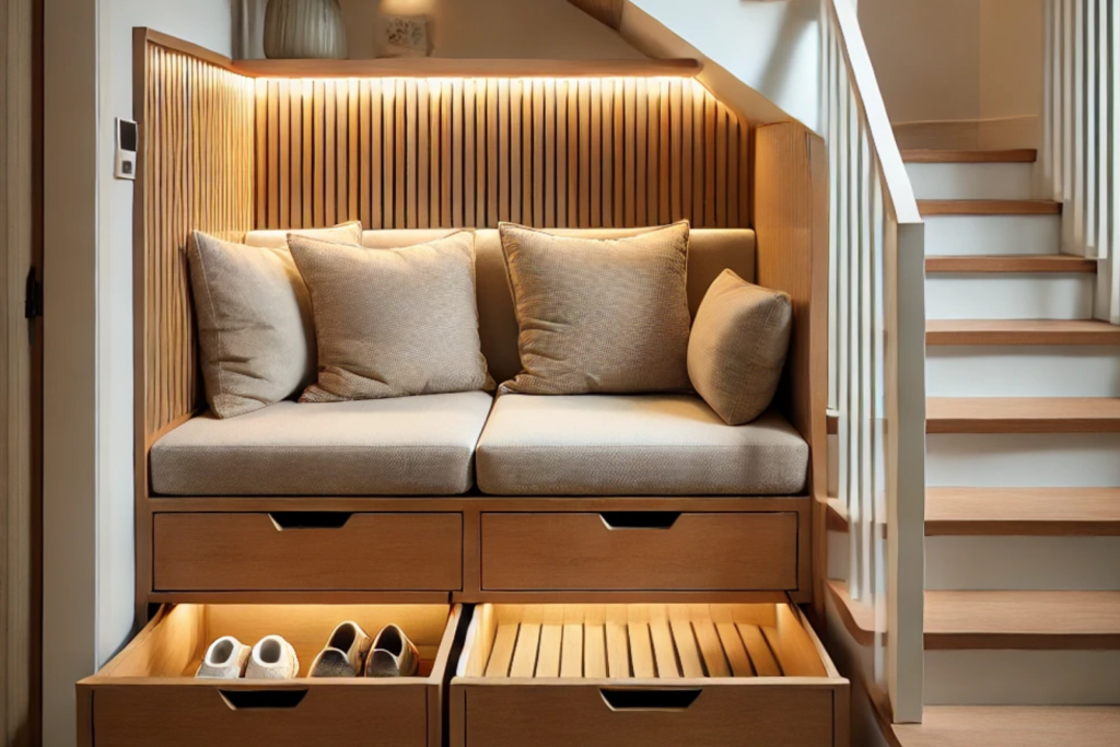Built-in seating nook with cushions under staircase