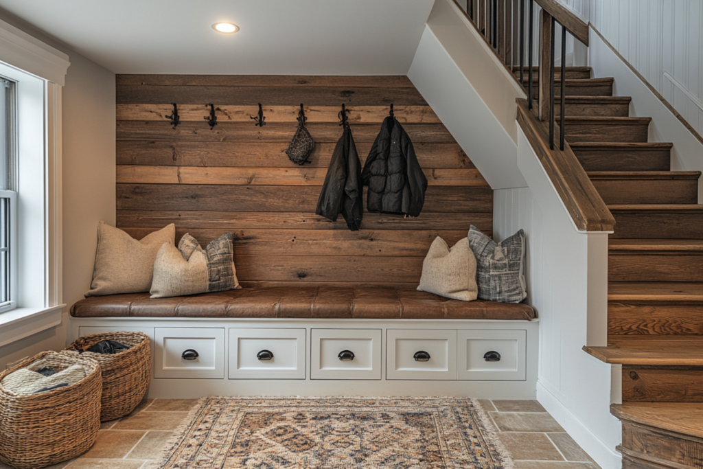 Functional mudroom setup with coat hooks and shoe storage under stairs
